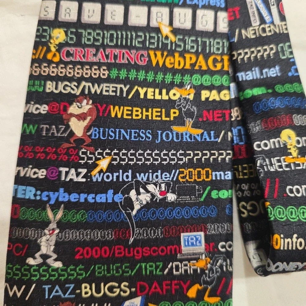 Vtg Looney Tunes Tie Bugs Daffy Taz Tweety Computer Code Necktie 58